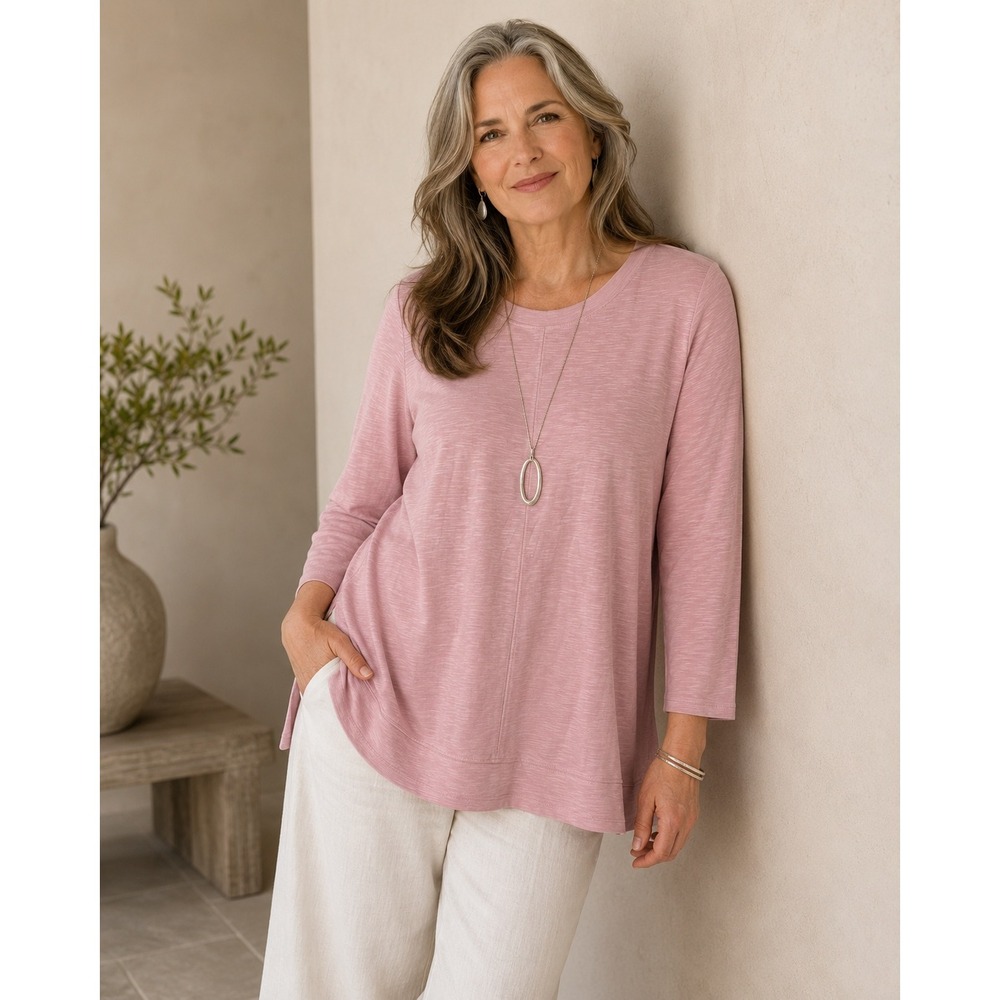 J. Jill Pima Cotton Elliptical Tunic Rose Pink Slub Knit 3/4 Sleeve Top Small